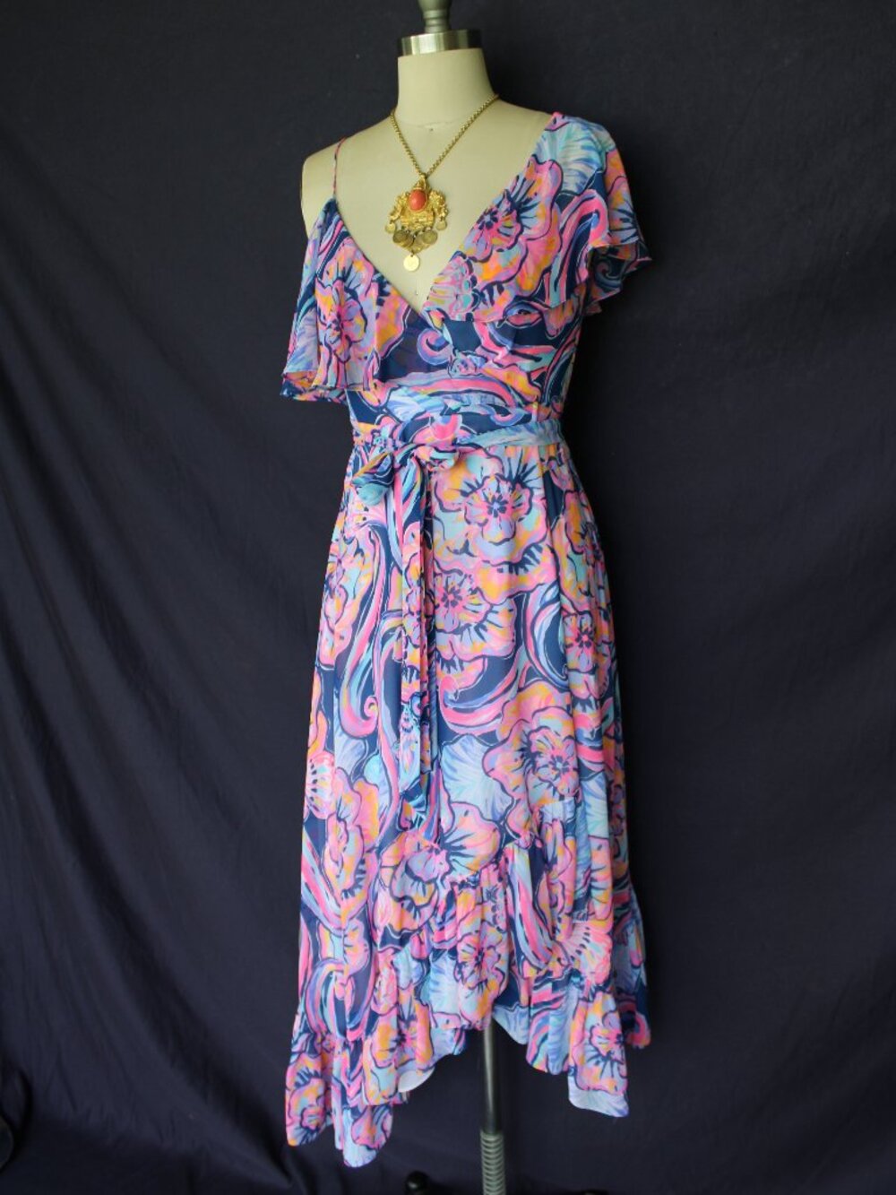 Lilly Pulitzer Marianna Wrap midi Dress Nauti Navy Boho Bateau Floral ruffle S - Picture 6 of 12